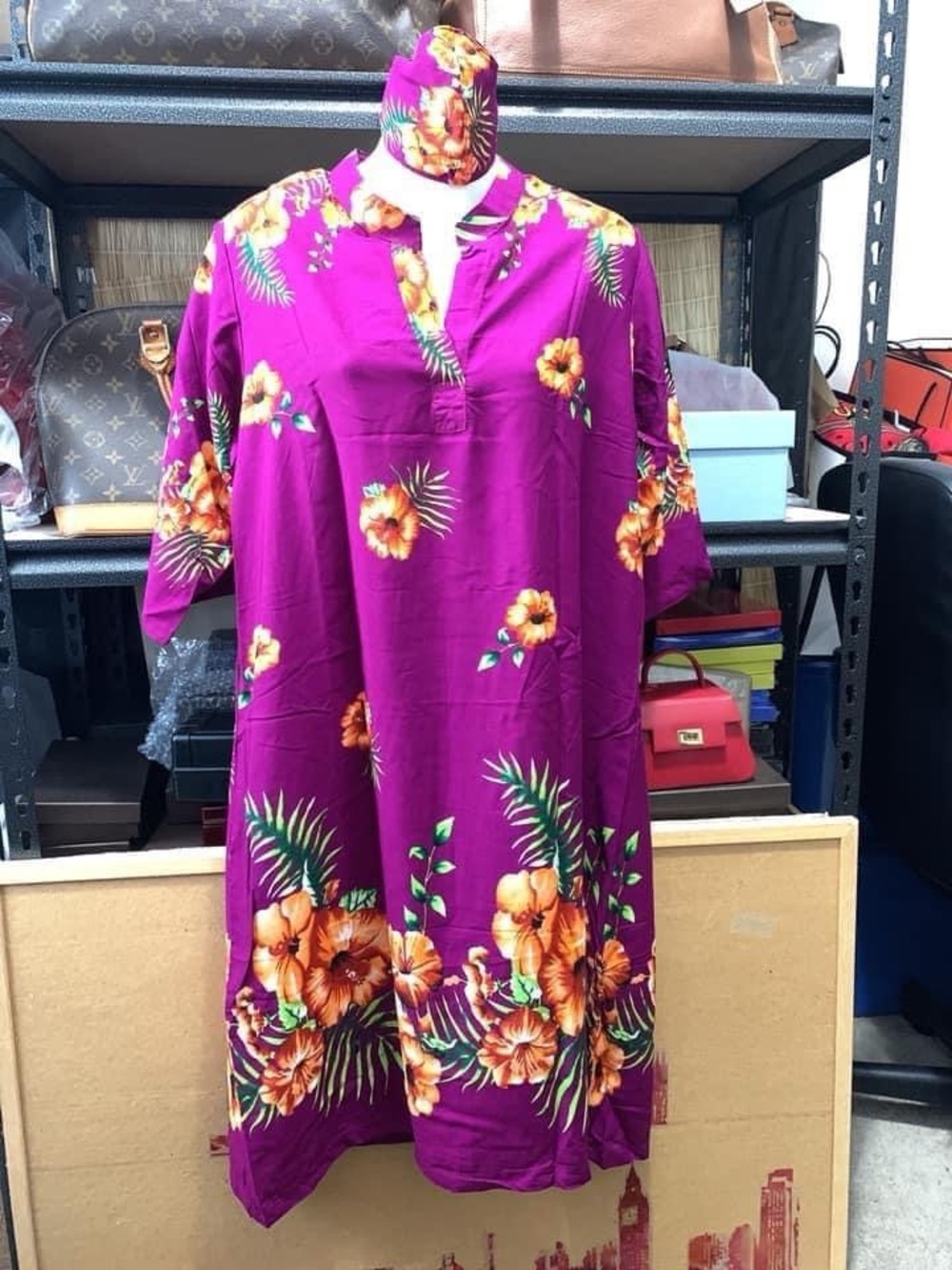 Tropical Floral Long Sleeve Dress - Vibrant Purple